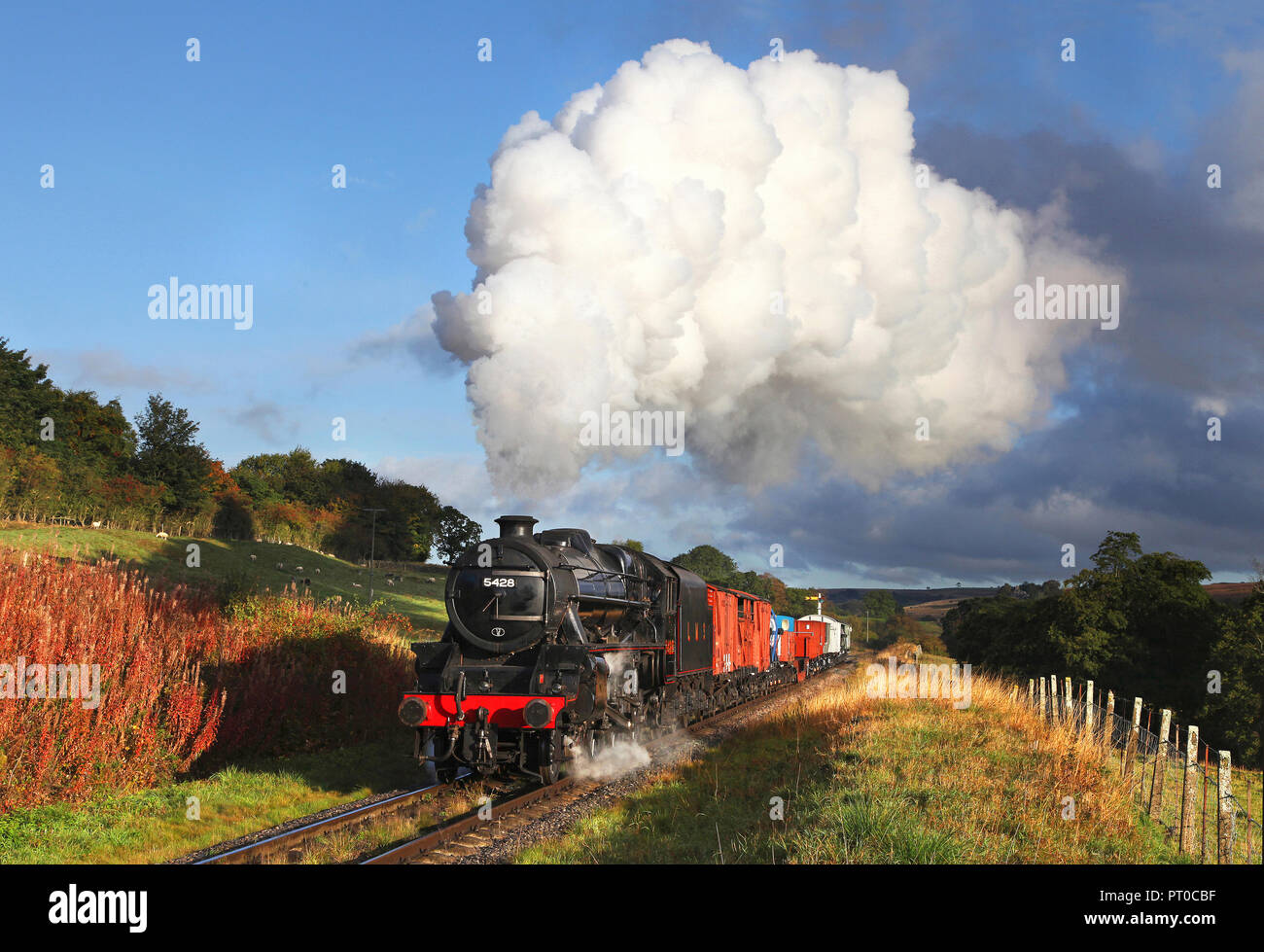 5428 heads past Sadlers House nr Goathland on the NYMR. Stock Photo