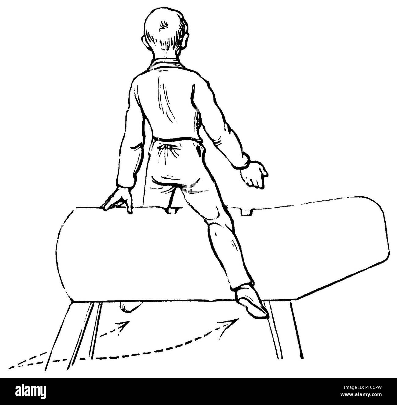 Gymnastics, exercises horse jumping. Behind jumps. Crack jump sideways