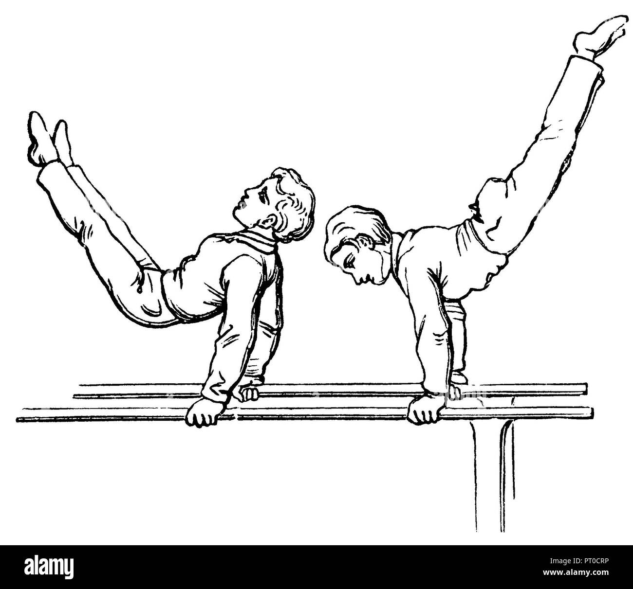 Gymnastics, bar exercises swinging in the support, 1890 Stock Photo