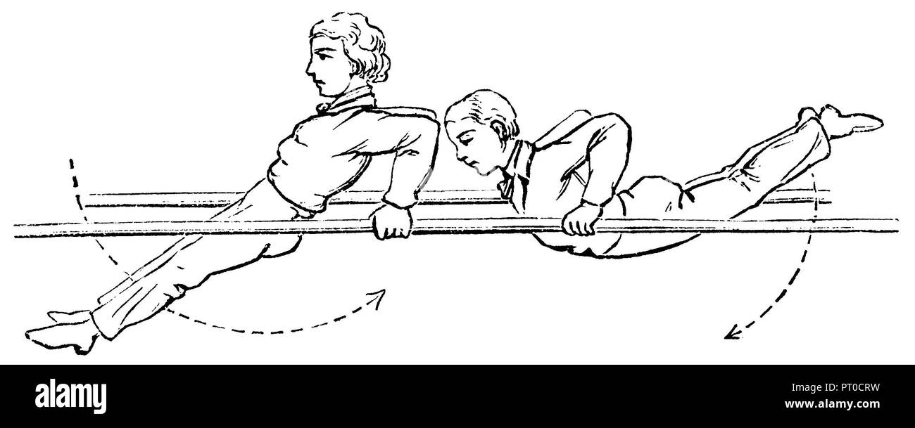 Gymnastics, bar exercises swinging with kink support, 1890 Stock Photo