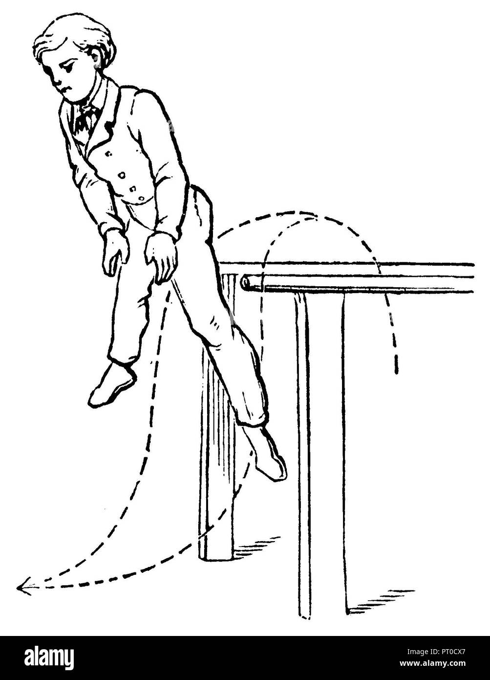 Gymnastics, bar exercises spreading out on the right over the bar to