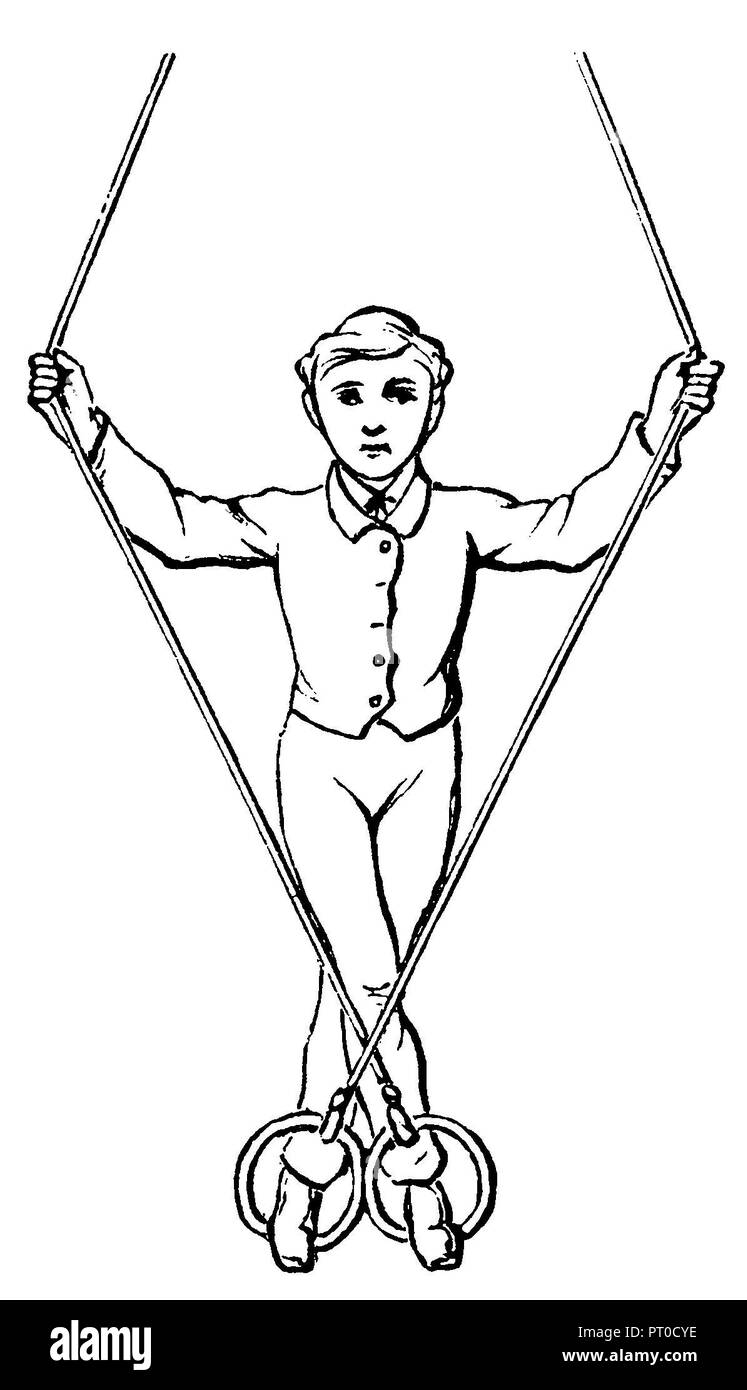 Gymnastics, exercises on the rocking rings stand with crossed legs and