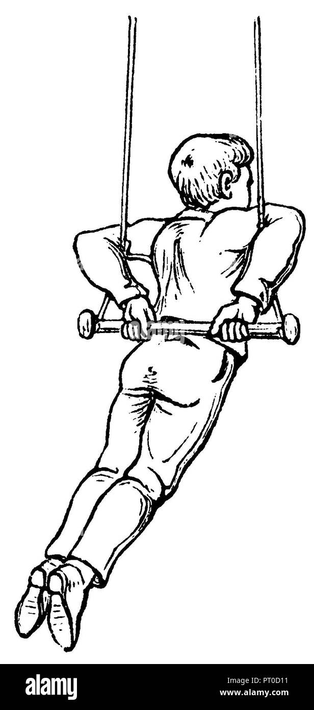 Gymnastics, exercises on the swinging arm: Armhang on the ropes and kink support on the back,   1890 Stock Photo