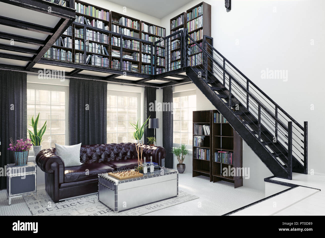 Home Library Interior Design 3d Rendering Concept Stock