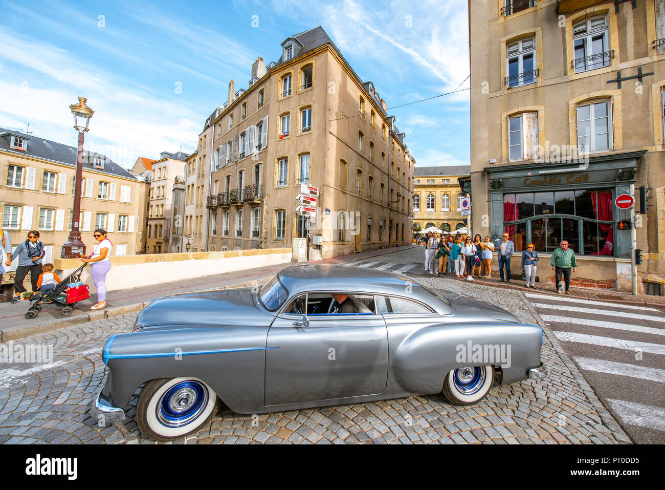 METZ, FRANCE August 26, 2017 Street view with tourists and old retro