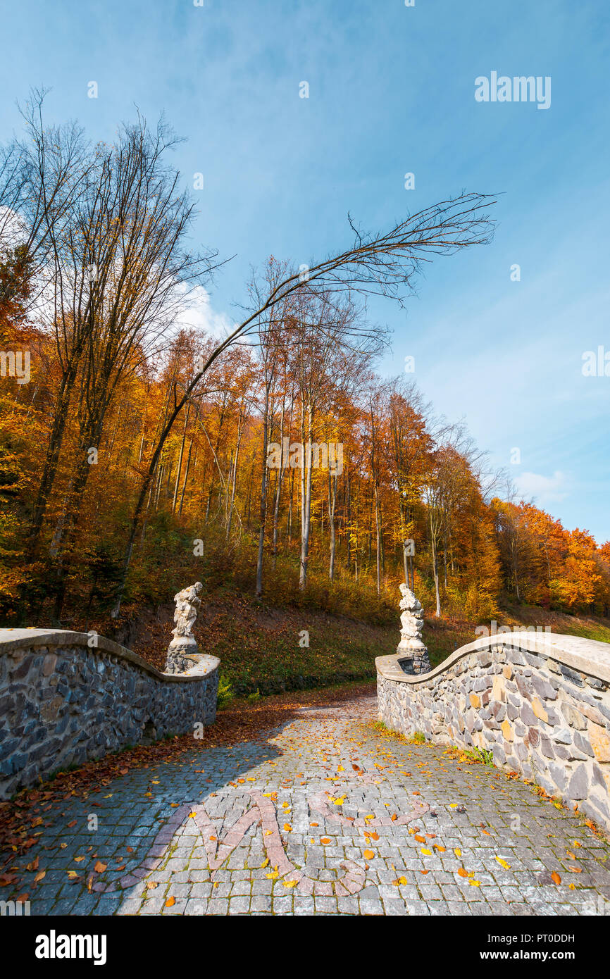 path from the stone bridge in to the forest. trees in fall colors. blue sky above the landscape Stock Photo