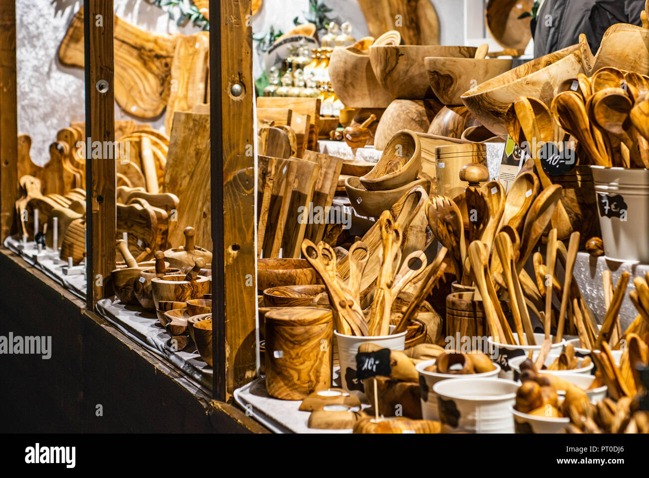 Bonn Germany 17.12.2017 shop selling Wood working, making wooden kitchen tools and decoration Christmas market. Stock Photo