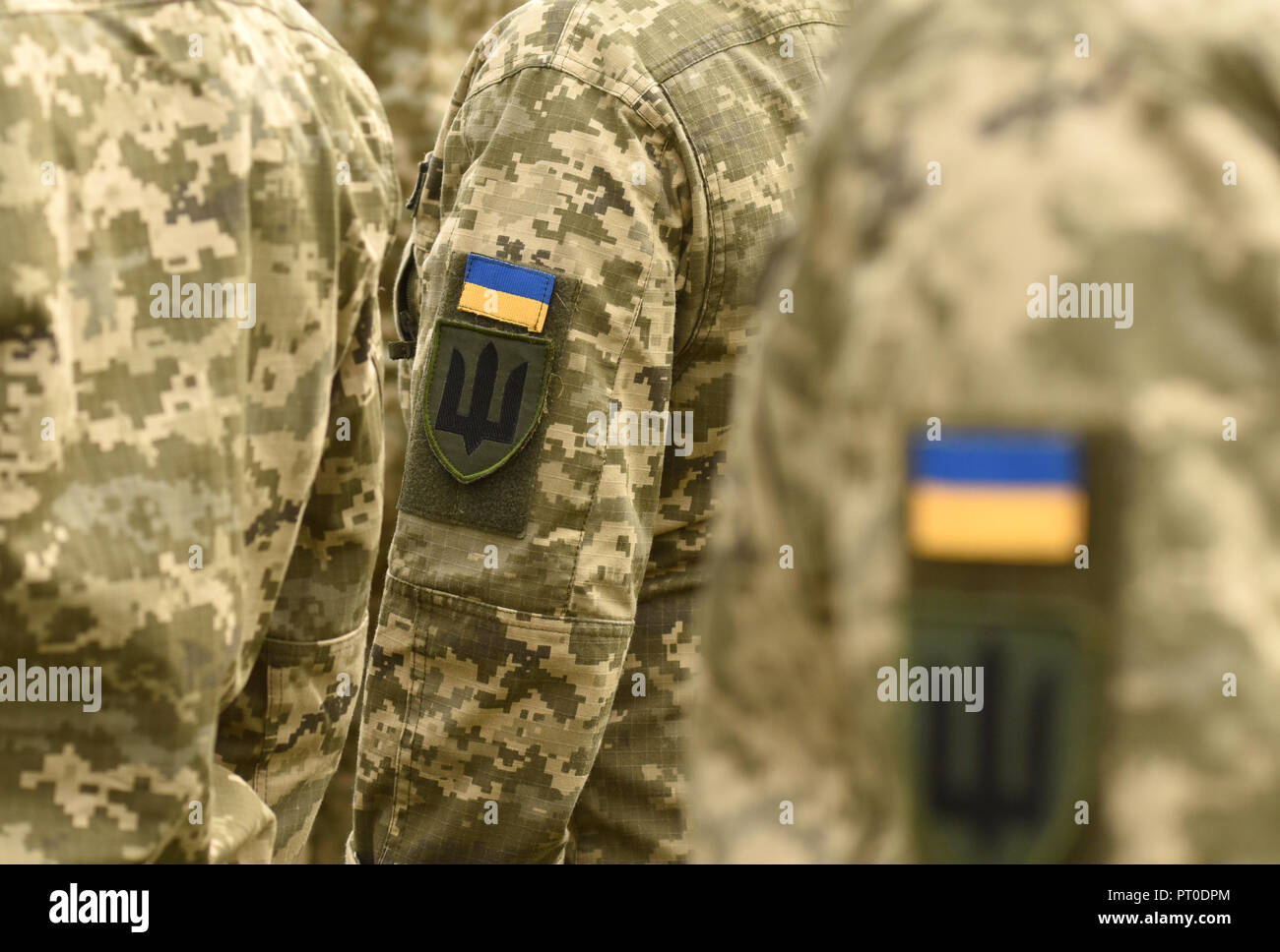 Ukraine patch flag on army uniform. Ukraine military uniform. Ukrainian troops Stock Photo