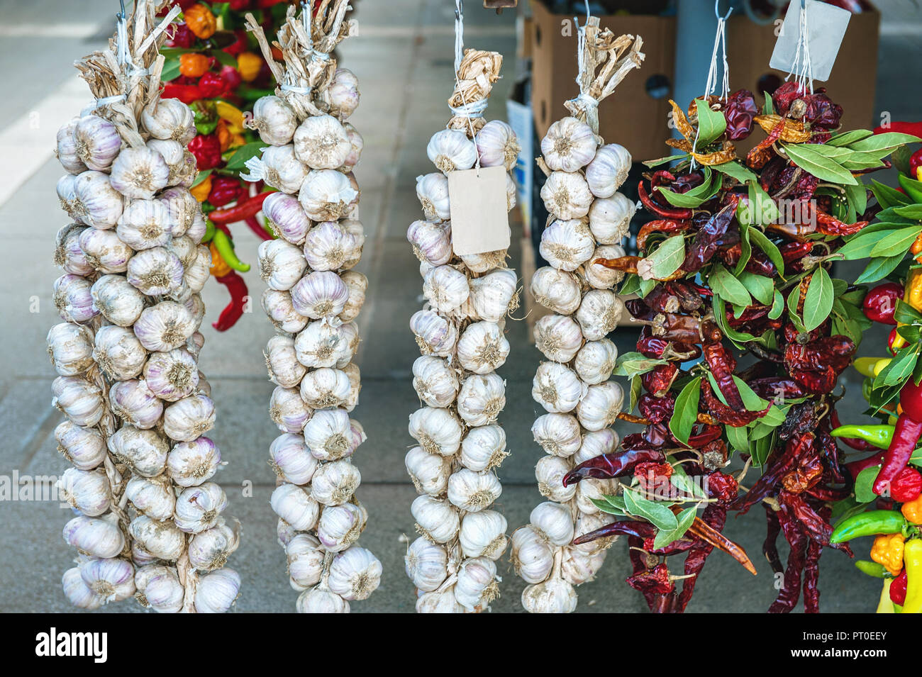 Colorful chili peppers garlic and Bay leaf hanging cords in the window ...
