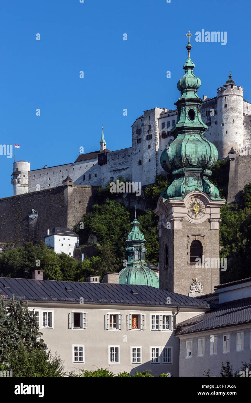Hohensalzburg Castle above the city of Salzburg in Austria. The Old Town (Altstadt) has one of the best-preserved city centers north of the Alps. It i Stock Photo
