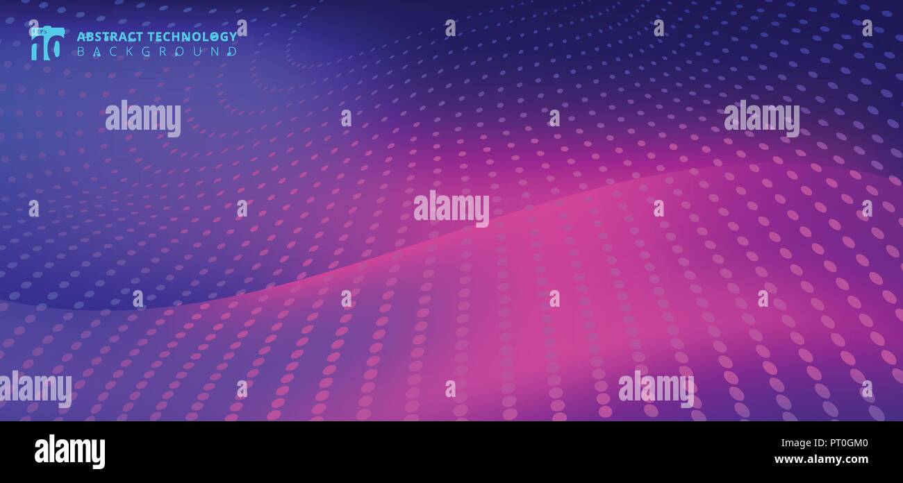 Abstract furturistic technology radial dots pattern on smooth fantasy motion blurred wave pink light trail on blue background. Vector illustration Stock Vector