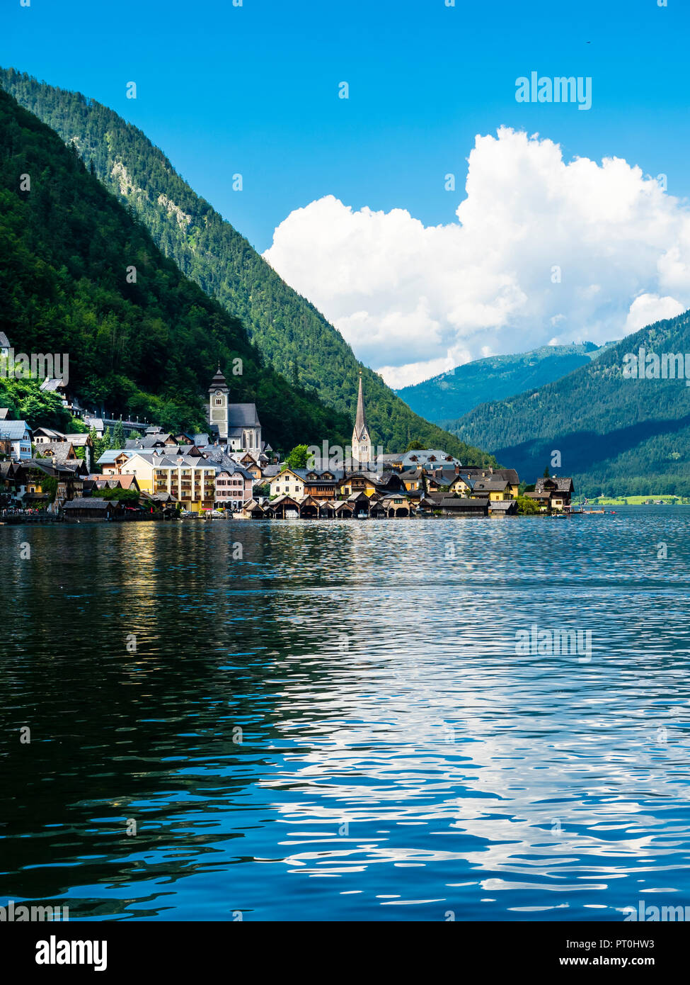 Austria, Salzkammergut, Lake Hallstatt with Hallstadt Stock Photo