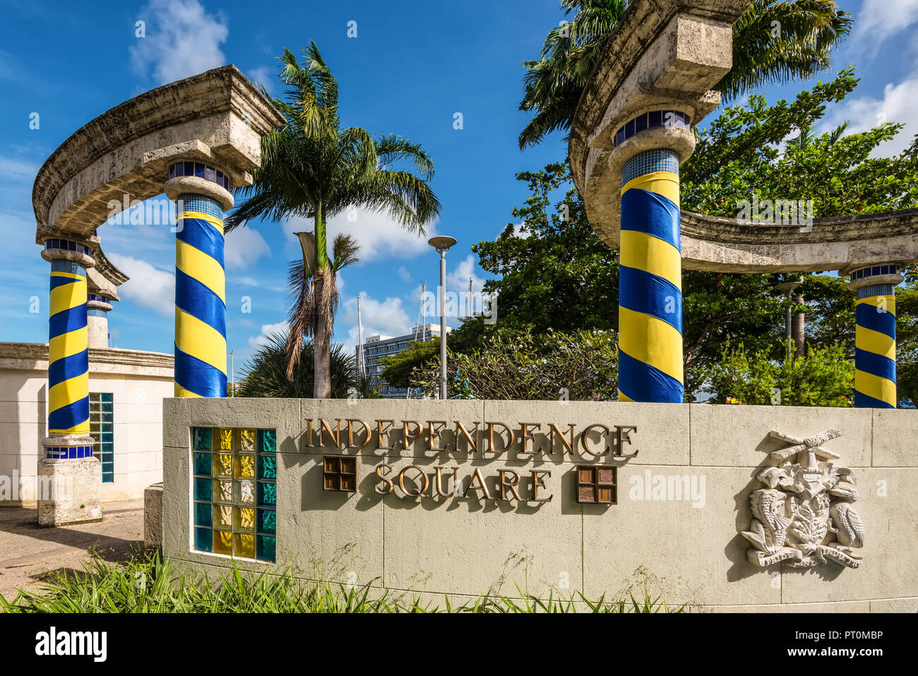 Bridgetown, Barbados - December 18, 2016: The columns are wrapped in the colors of the national flag in Fountain Independence Square of Bridgetown, Ba Stock Photo