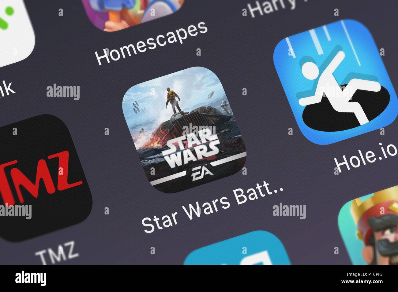 London, United Kingdom - October 05, 2018: Close-up shot of the Star Wars™ Battlefront™ Companion application icon from Electronic Arts on an iPhone. Stock Photo