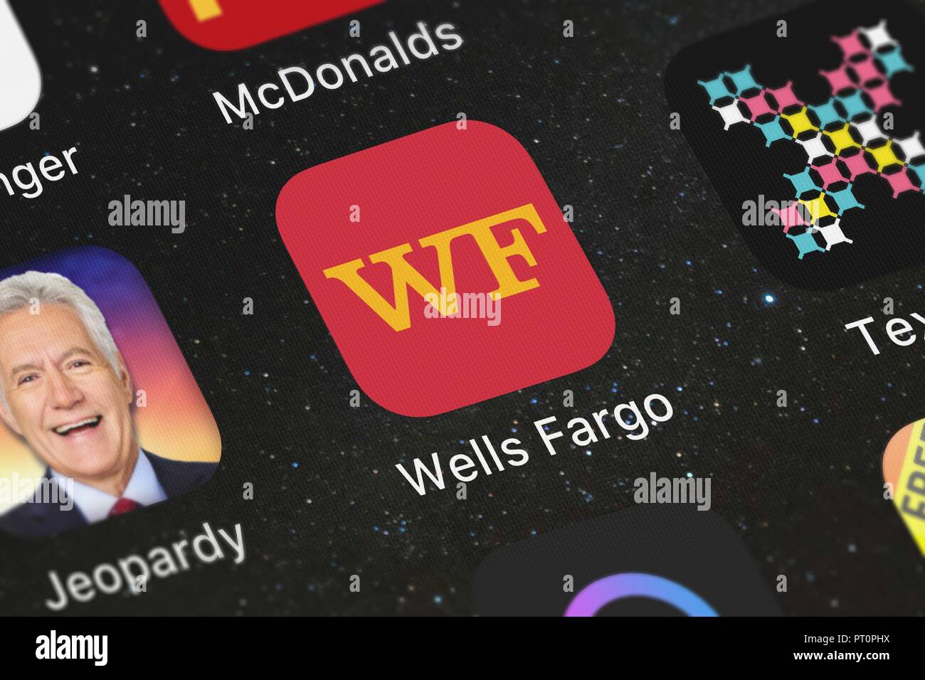 London, United Kingdom - October 05, 2018: The Wells Fargo for iPad mobile app from Wells Fargo on an iPhone screen. Stock Photo