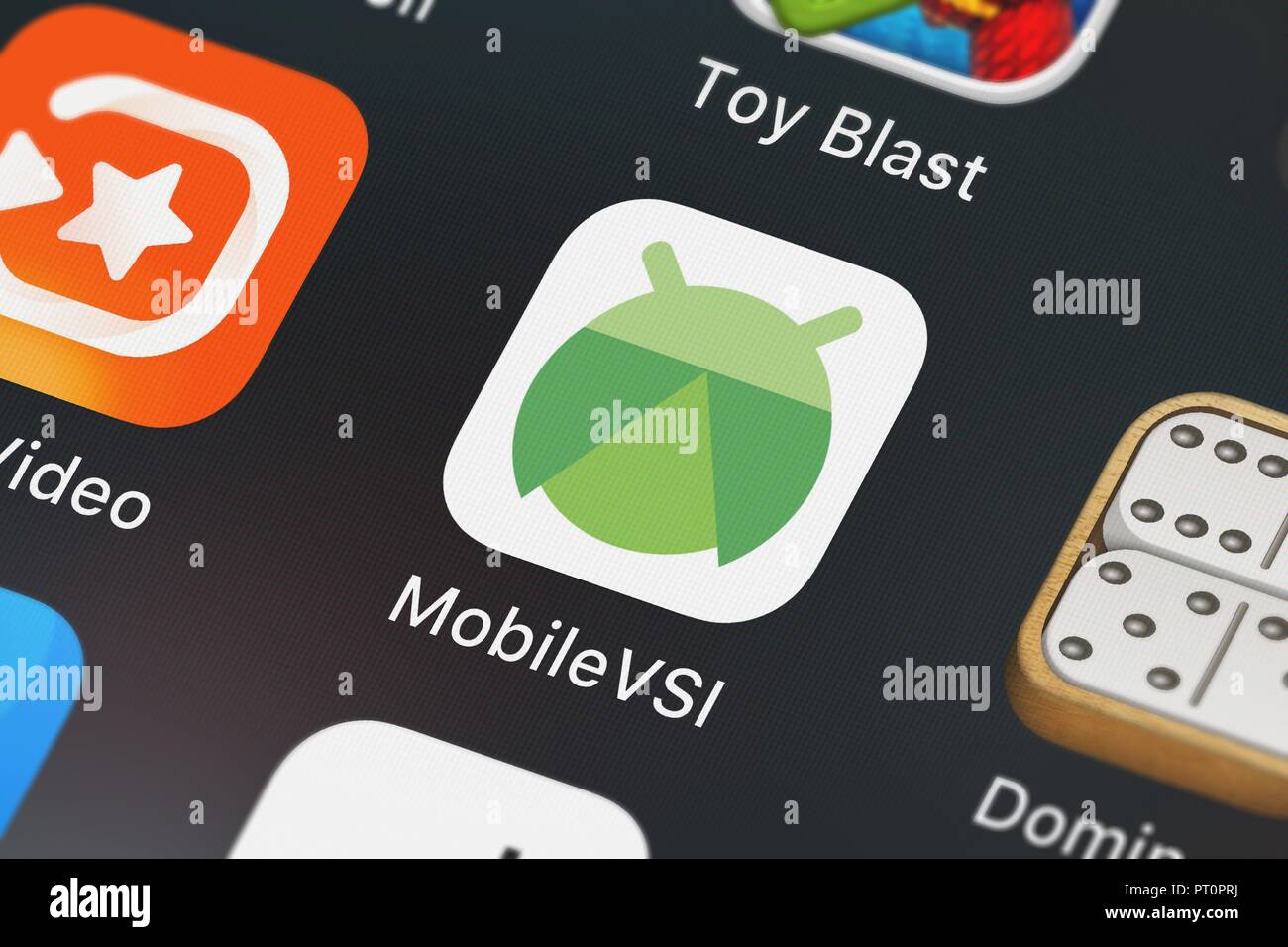 London, United Kingdom - October 05, 2018: Close-up shot of the MobileVSI application icon from Google, Inc. on an iPhone. Stock Photo