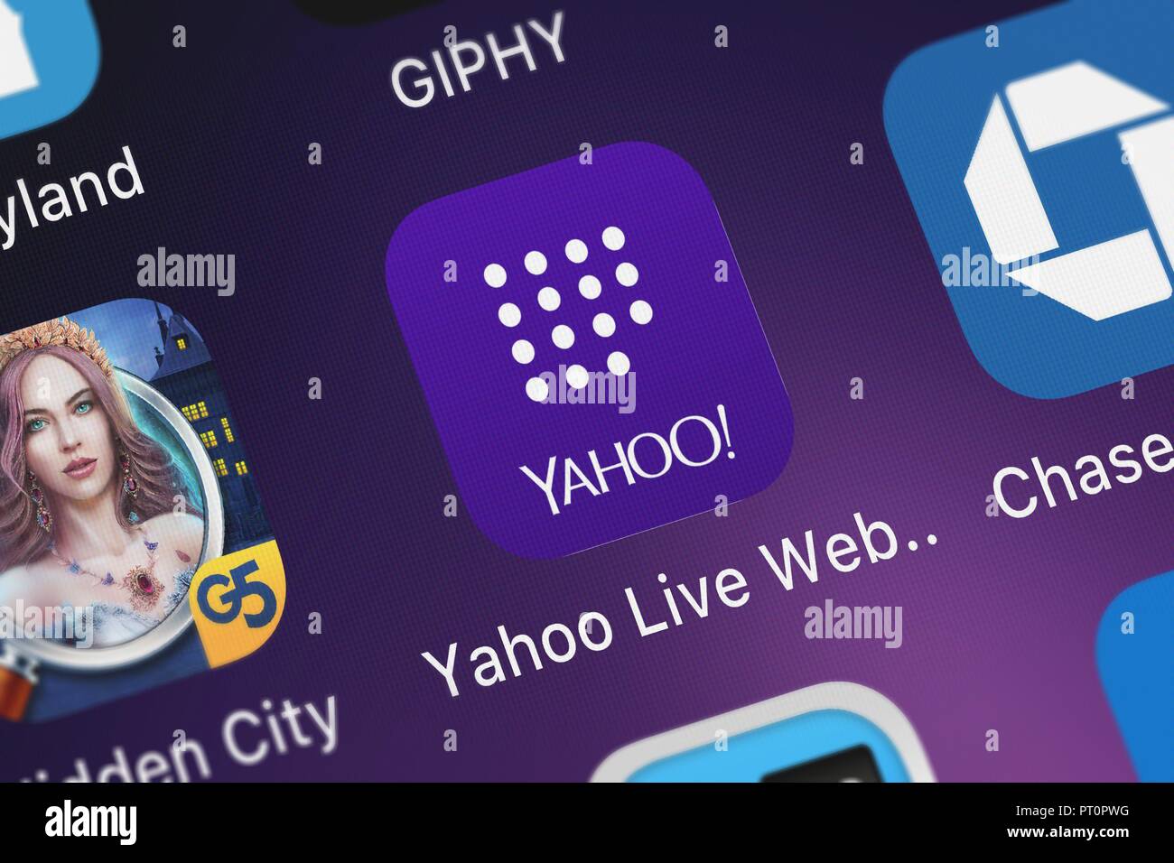London, United Kingdom - October 05, 2018: Close-up shot of the Yahoo Live Web Insights application icon from Yahoo on an iPhone. Stock Photo