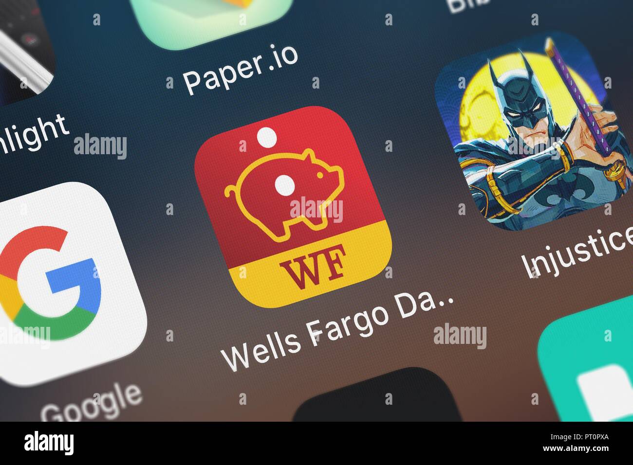 London, United Kingdom - October 05, 2018: Close-up shot of Wells Fargo's popular app Wells Fargo Daily Change. Stock Photo