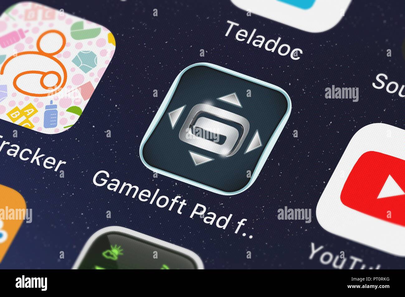 London, United Kingdom - October 05, 2018: Close-up shot of the Gameloft Pad for Samsung Smart TV mobile app from Gameloft. Stock Photo