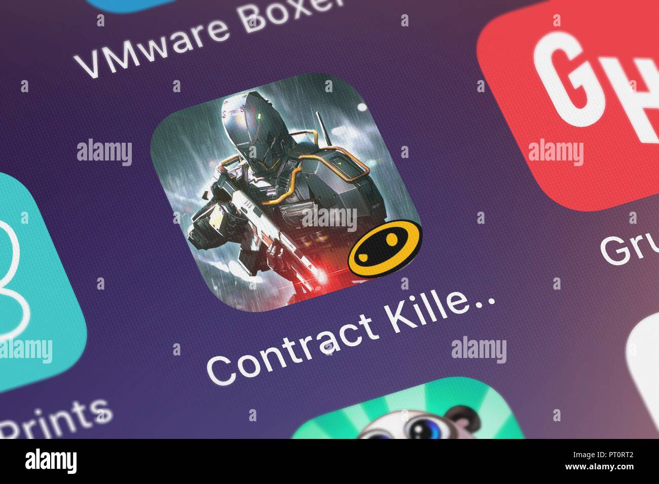 London, United Kingdom - October 05, 2018: Screenshot of the Contract Killer: Sniper mobile app from Glu Games Inc icon on an iPhone. Stock Photo