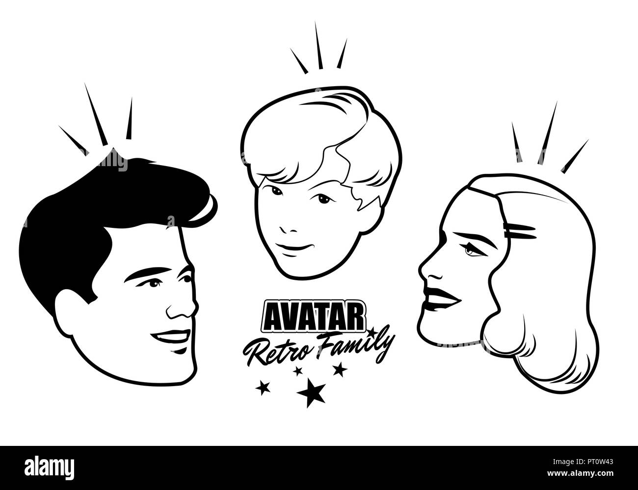 Avatar Retro Family. Cartoon faces retro style. Vector illustration. Stock Vector