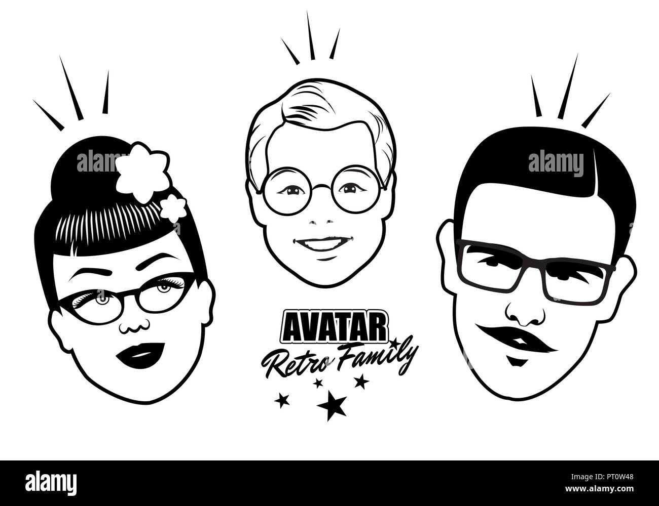 Avatar Retro Family. Cartoon faces retro style. Vector illustration. Stock Vector