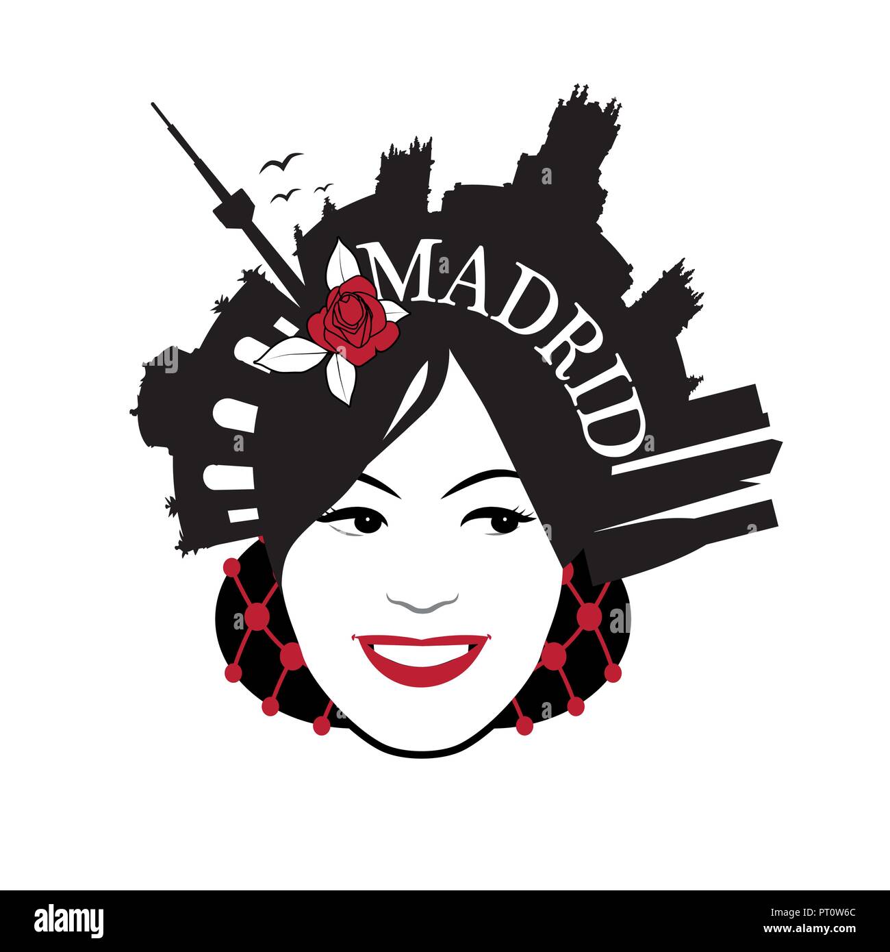 Symbolic image of Madrid. Woman wearing comb with Madrid monuments Stock Vector