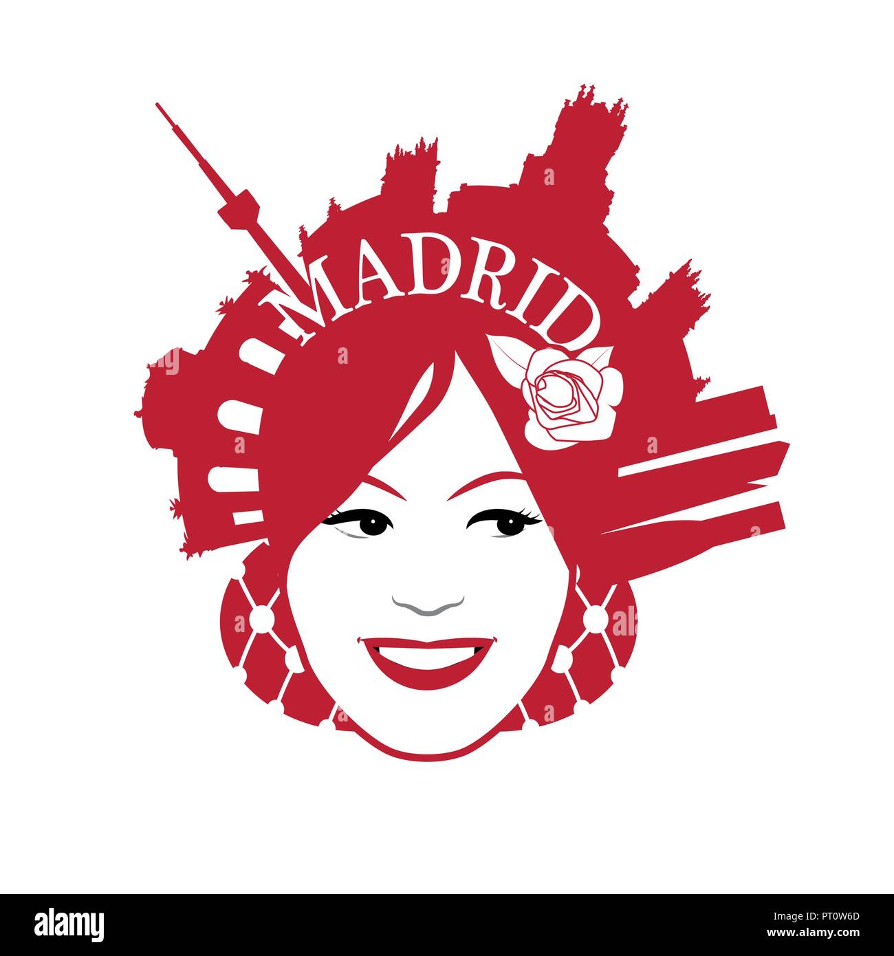 Symbolic image of Madrid. Woman wearing comb with Madrid monuments Stock Vector