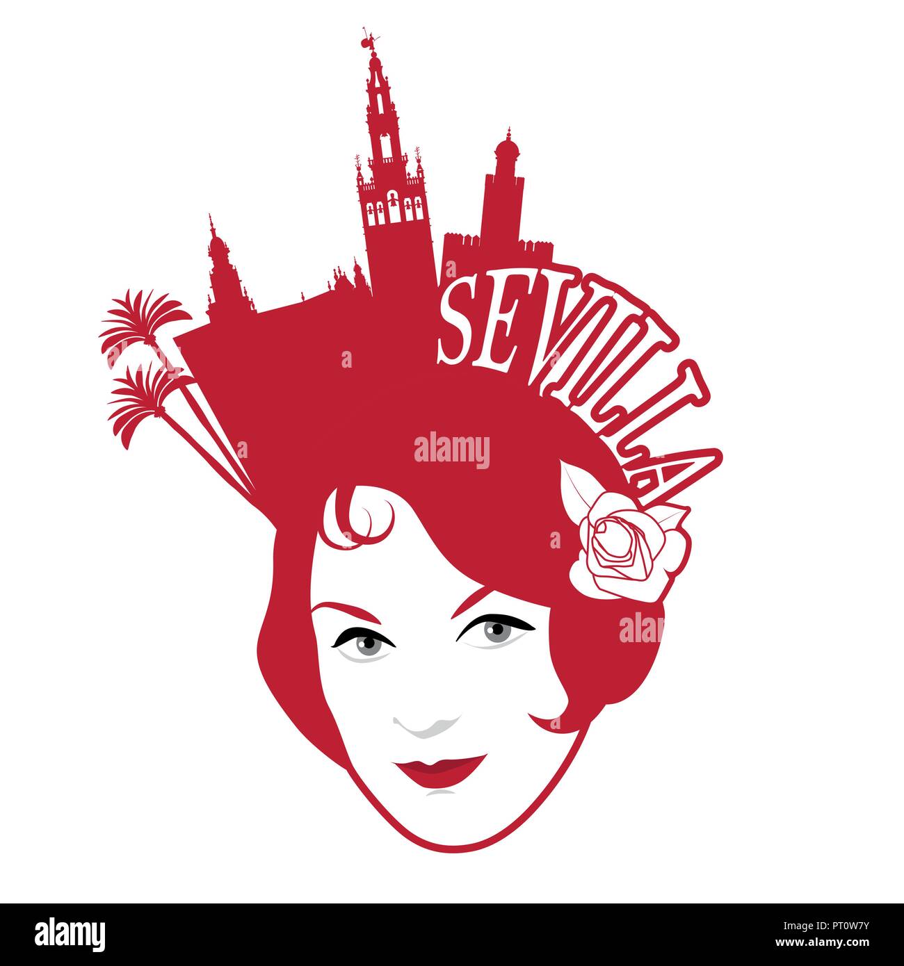 Symbolic image of Seville. Woman wearing comb with Seville monuments Stock Vector