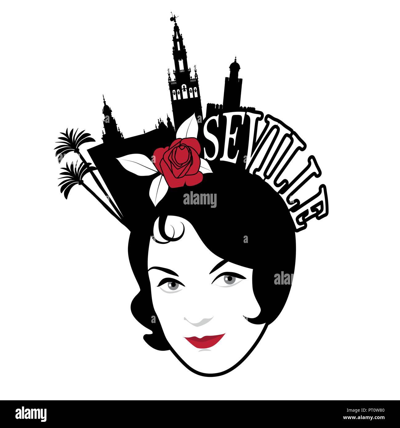 Symbolic image of Seville. Woman wearing comb with Seville monuments Stock Vector