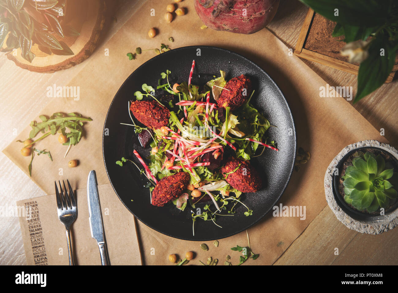 beetroot falafel salad. top view Stock Photo