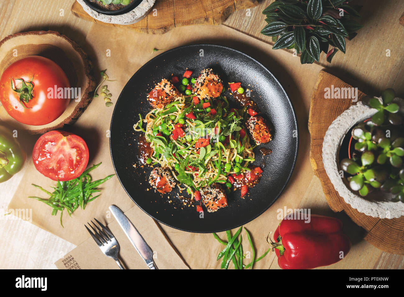 salmon and egg noodle salad Stock Photo - Alamy