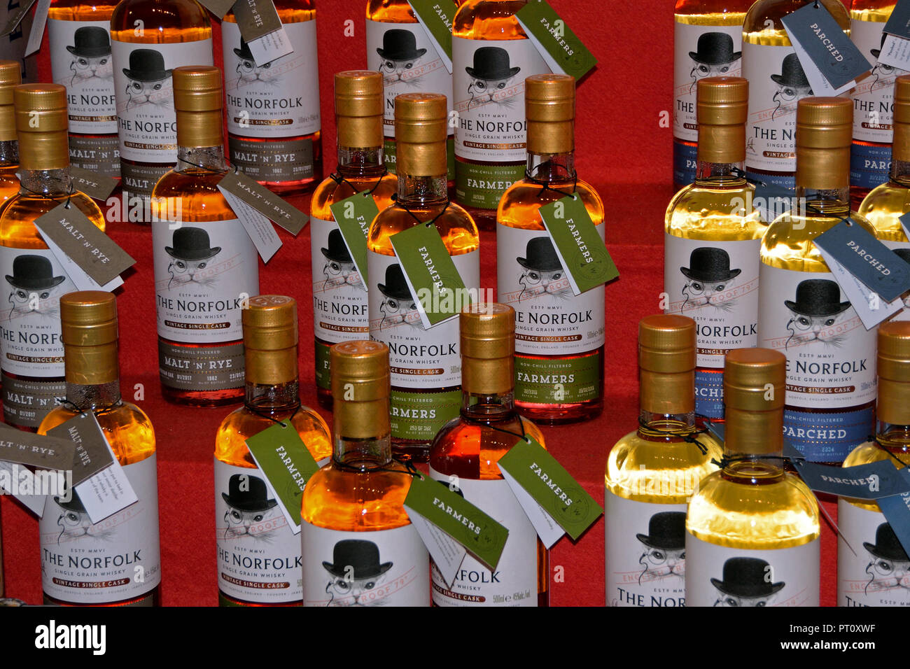 Bottles of single malt English Whisky on sale in the shop at St Distillery, Roudham