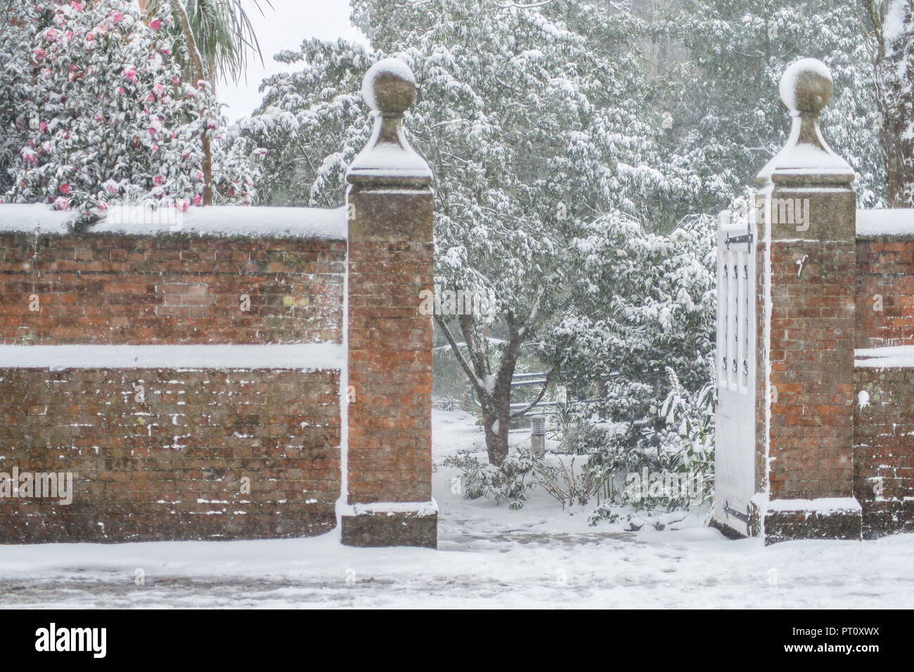 Falmouth University side gate entrance covered with snow. Woodlane campus. Falmouth Cornwall Stock Photo
