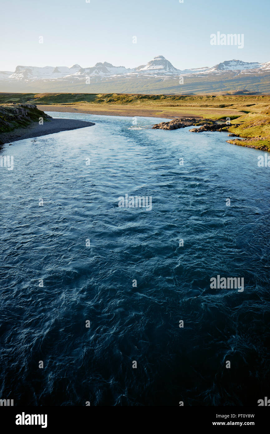 A glacial river and mountains in the highlands of east Iceland. Stock Photo