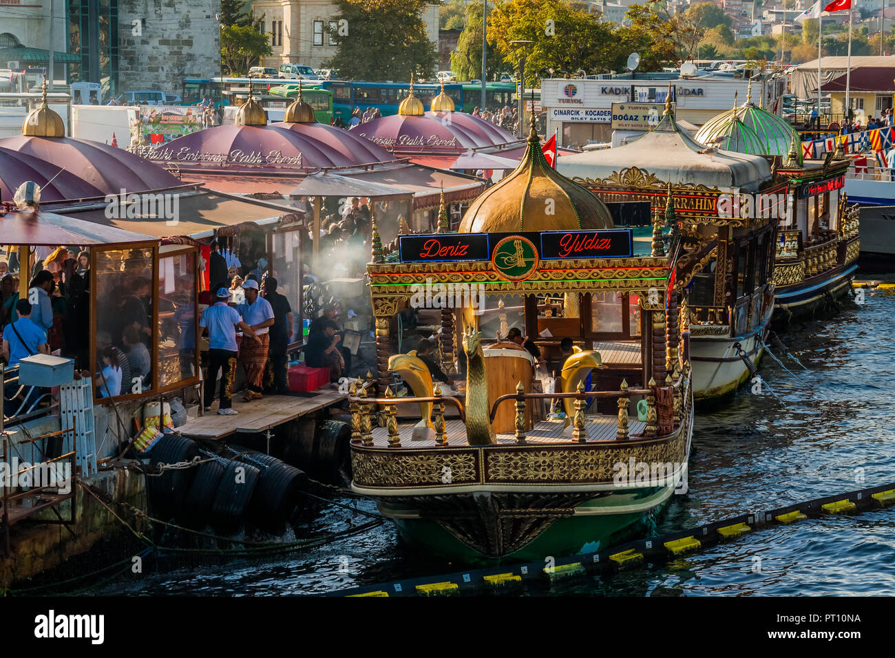 Fish sandwich boats in Eminonu, Istanbul, Turkey. Stock Photo