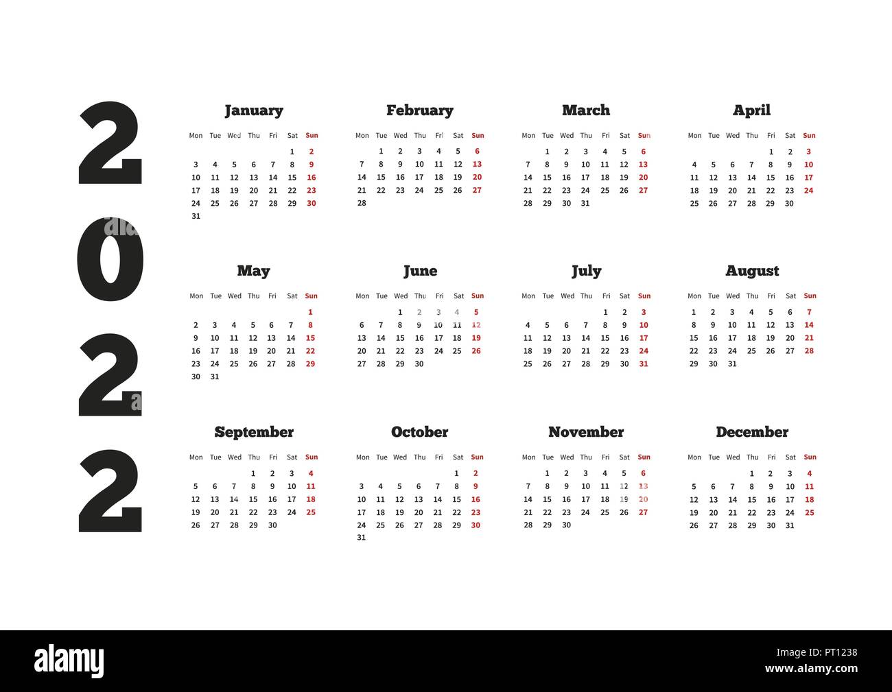 Calendar on 2022 year with week starting from monday, A4 horizontal sheet Stock Vector Image & Art - Alamy