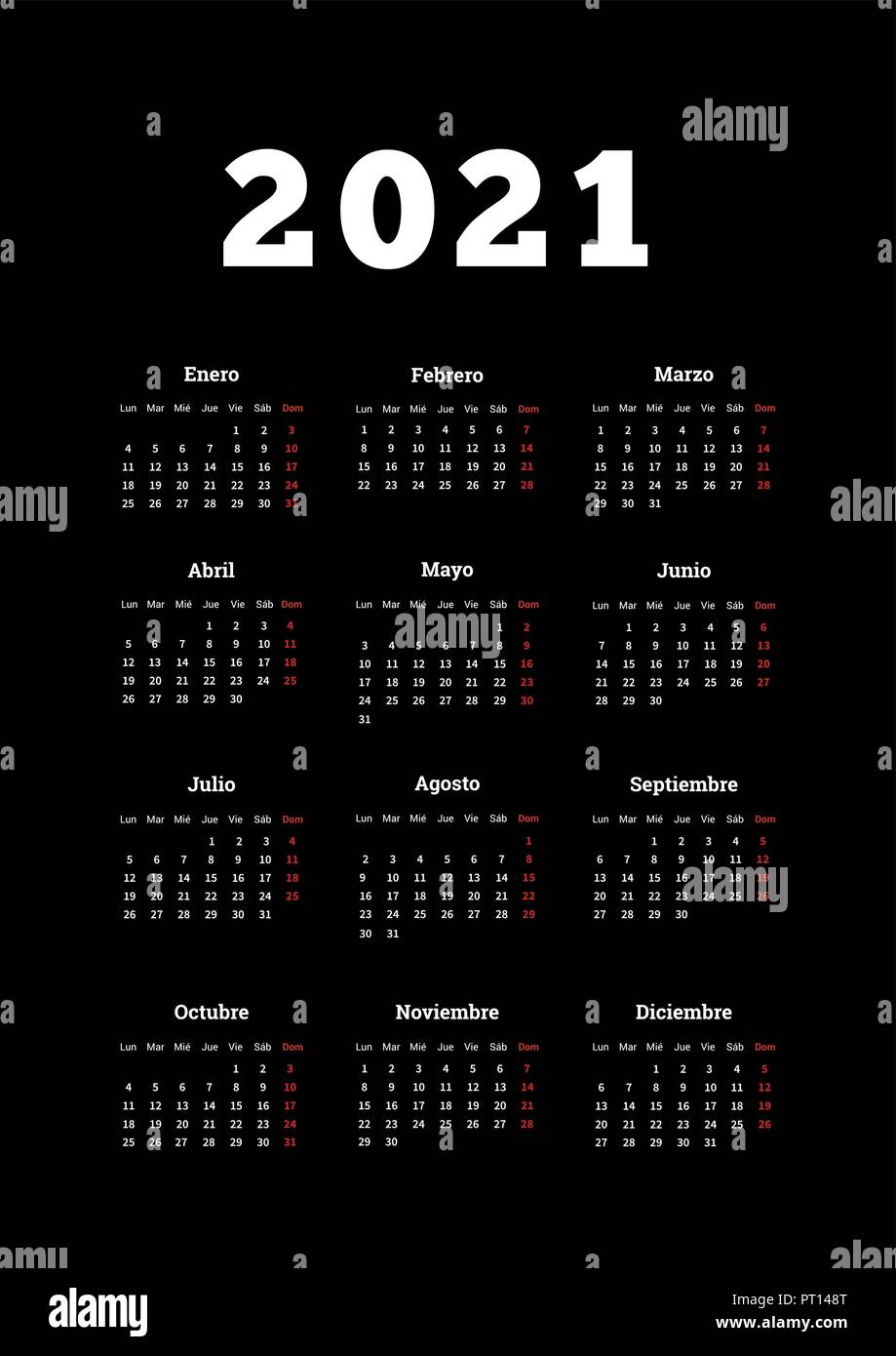 2021 year simple calendar in spanish, A4 size vertical sheet on black Stock  Vector Image & Art - Alamy