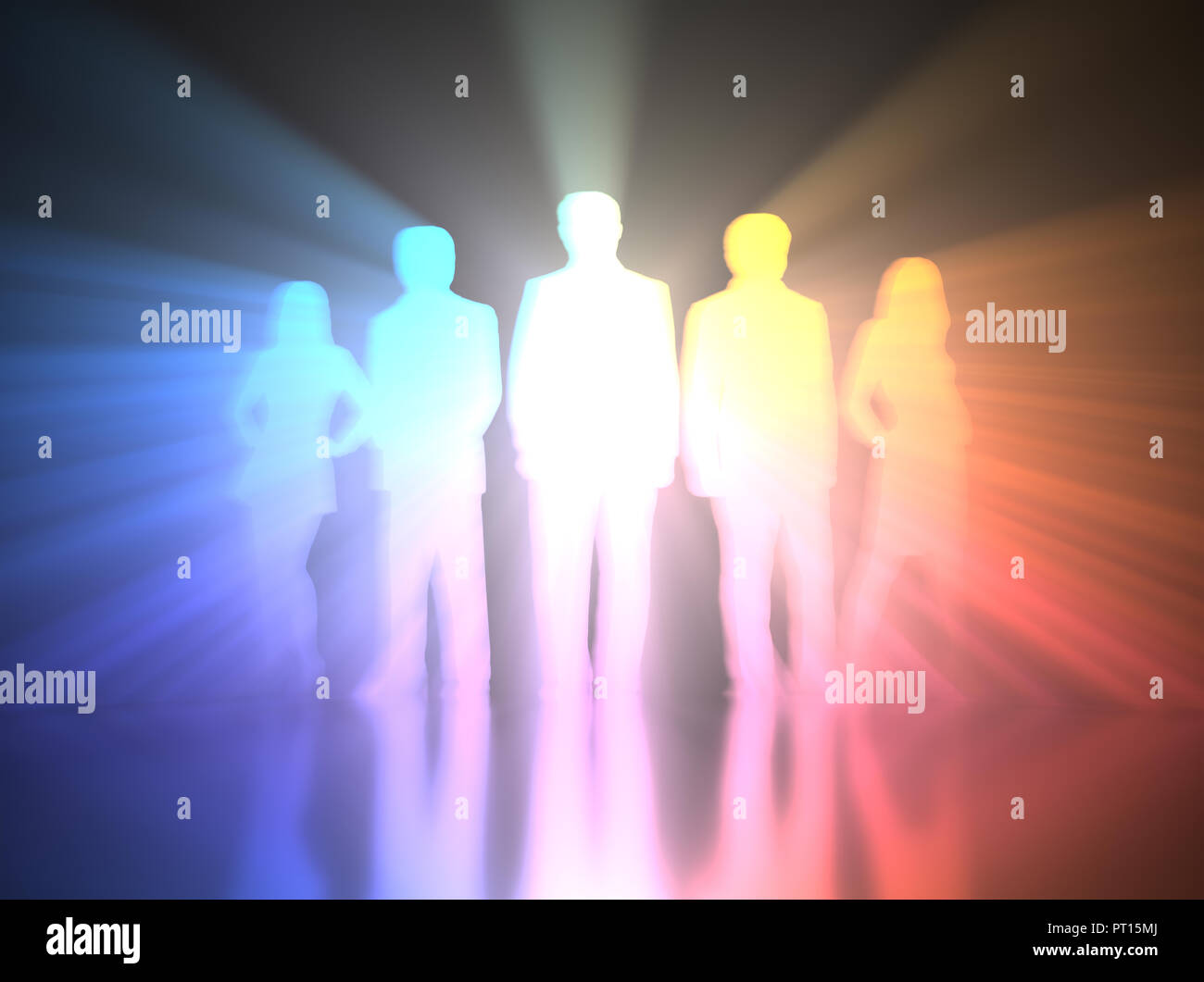 3D illustration. Silhouette of a teamwork with backlight projecting ...