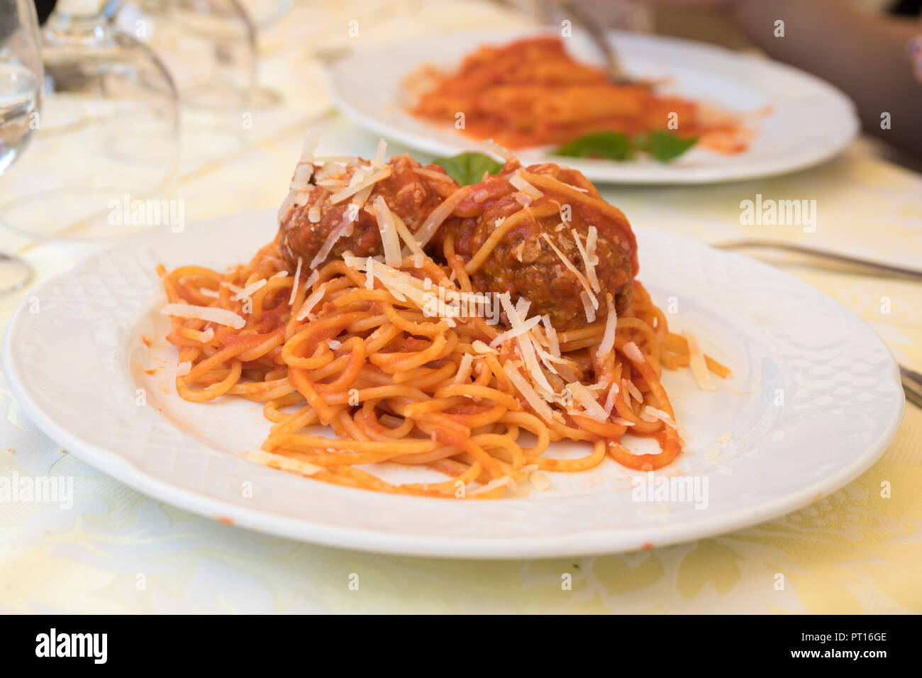 plate of spaghetti bolognese, meatball bolognese, traditional italian dish, Italy Stock Photo