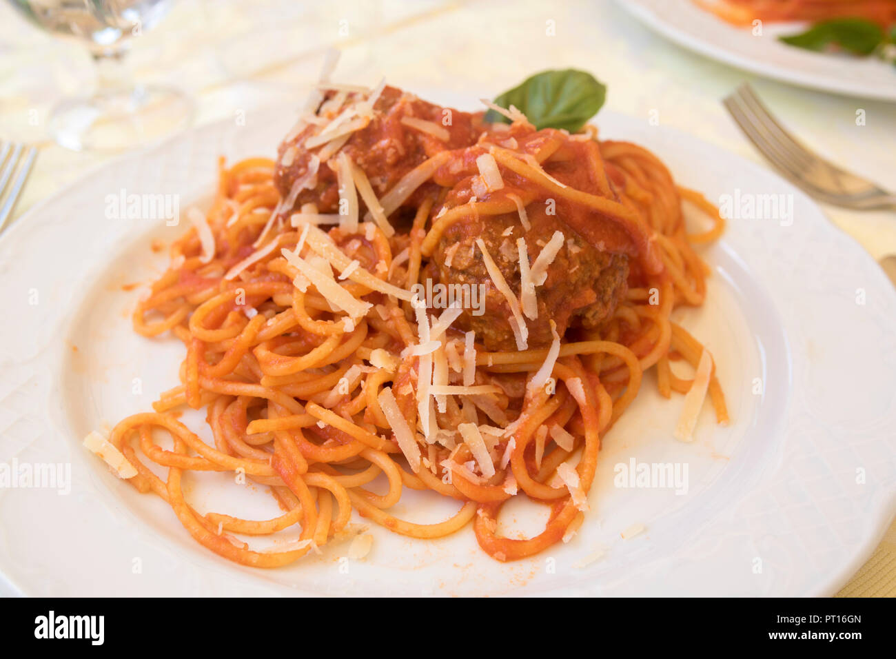 plate of spaghetti bolognese, meatball bolognese, traditional italian dish, Italy Stock Photo