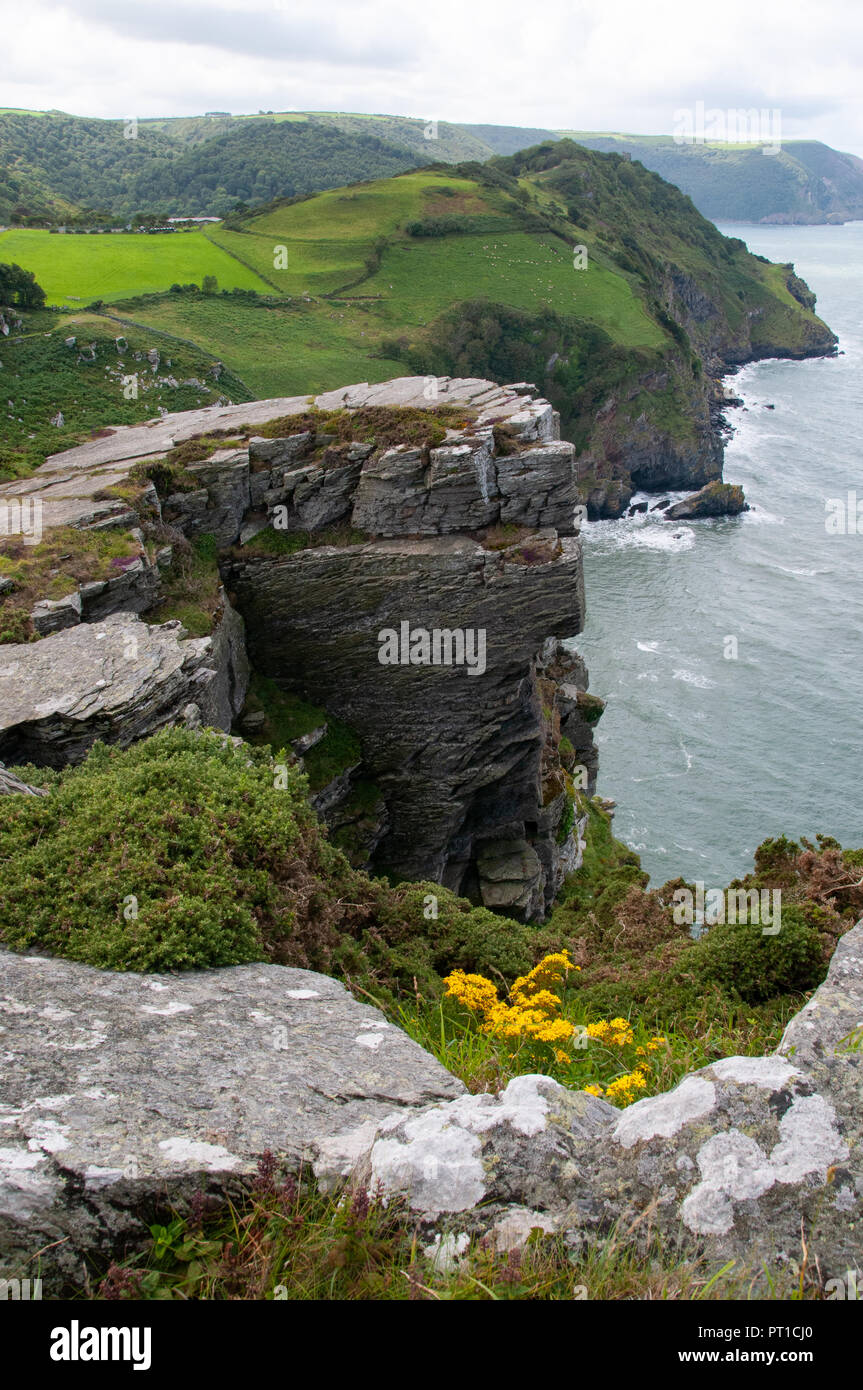 Elevated view of sheer cliffs, sea and surrounding countryside of the Welsh coastline. Stock Photo