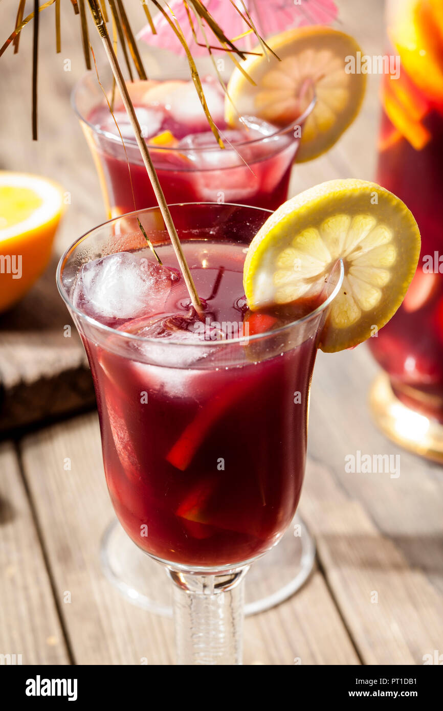 Glass of Sangria with fresh fruits Stock Photo