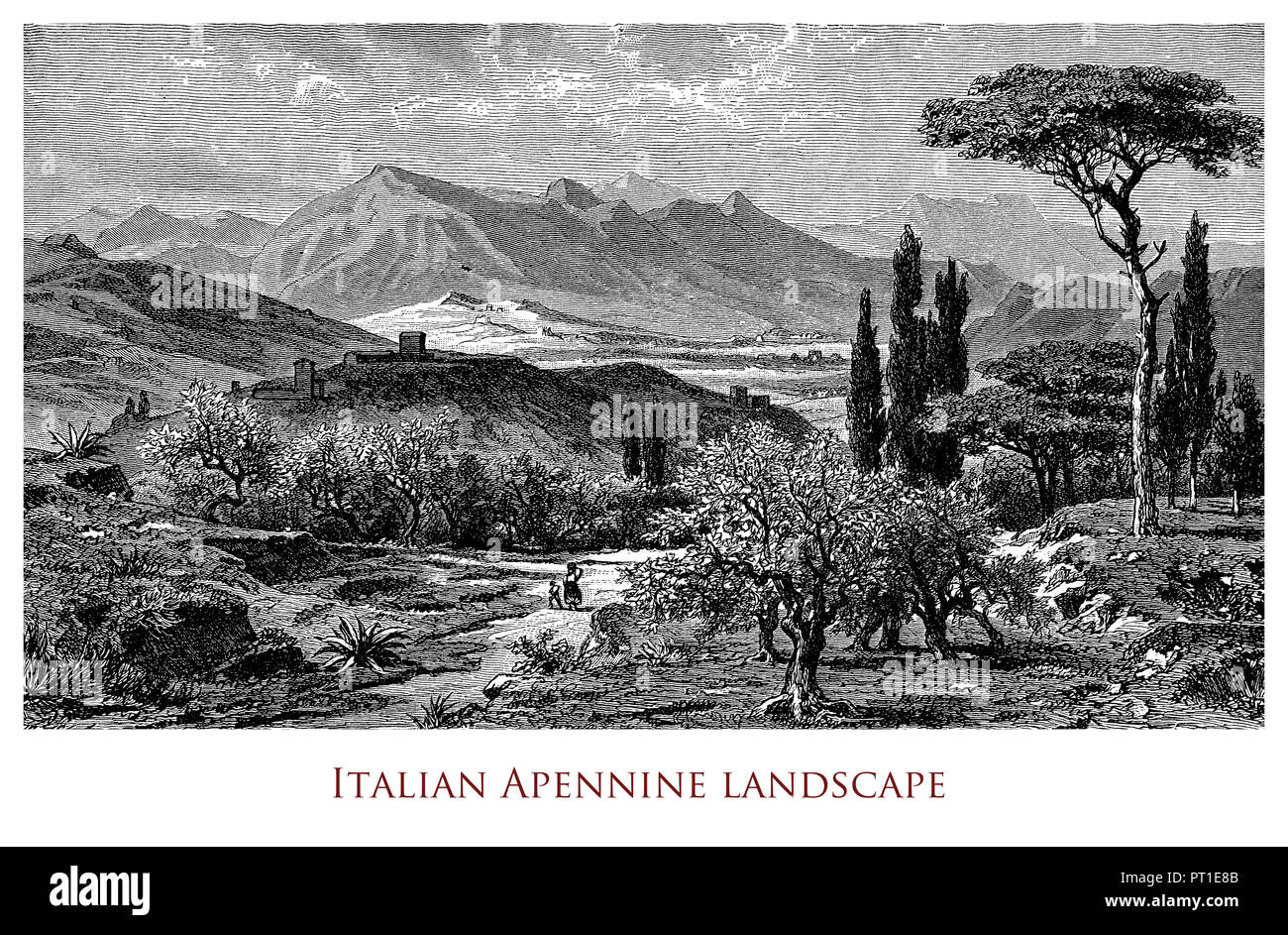 Engraving depicting a scenic landscape of Italian Apennines Stock Photo