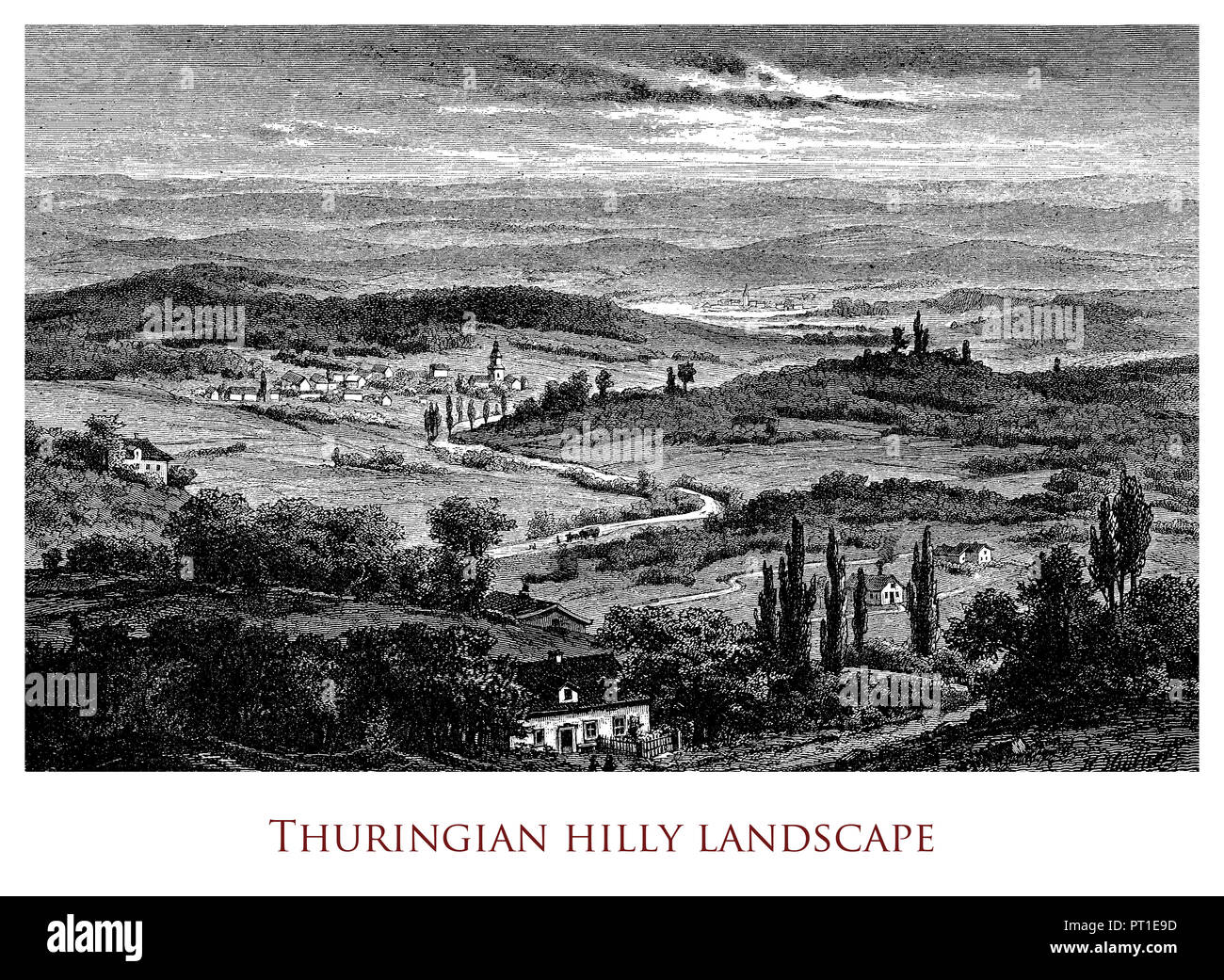 Engraving depicting an idyllic Thuringian landscape - Germany Stock Photo