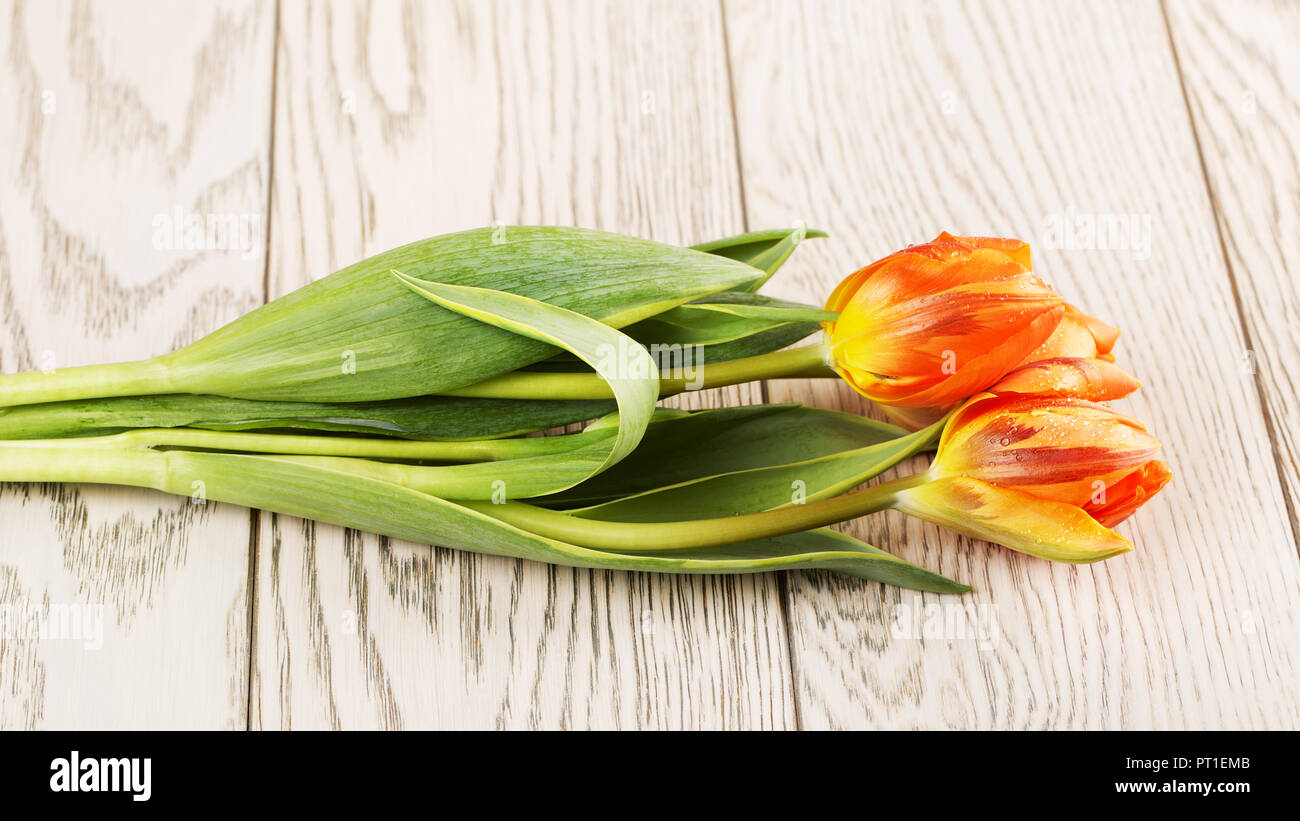 orange tulip flowers bouquet on wooden background Stock Photo