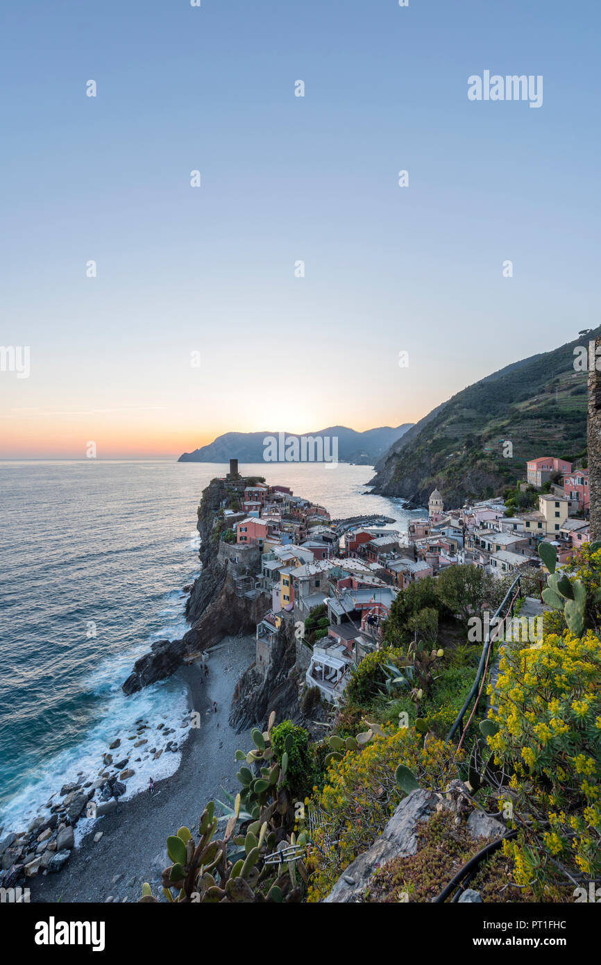 Italy, Liguria, La Spezia, Cinque Terre National Park, Vernazza in the evening light Stock Photo