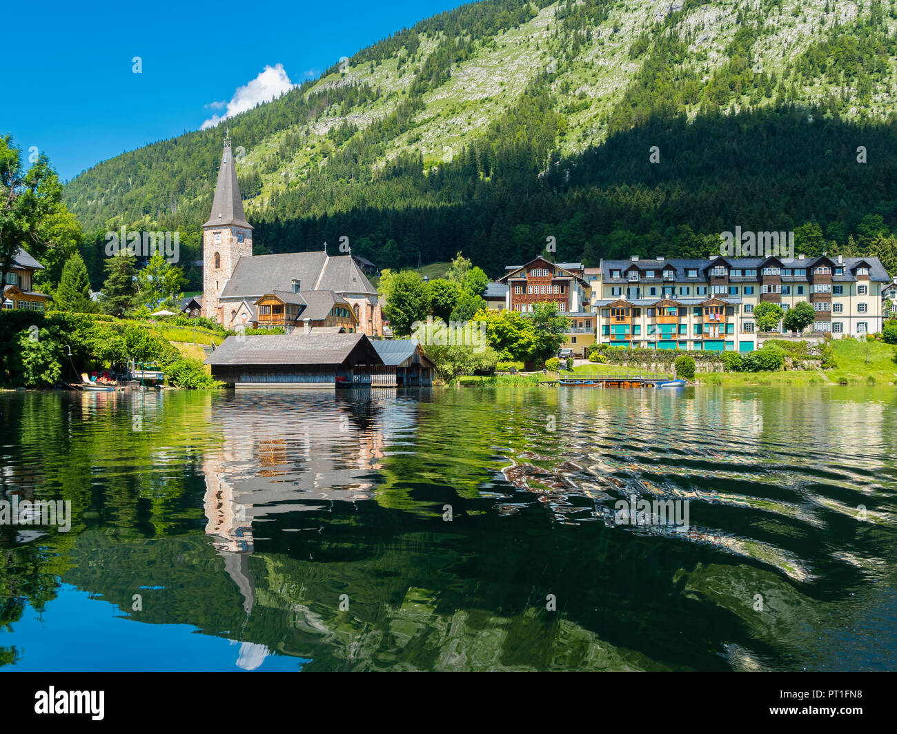 Austria, Styria, Altaussee, view to St Giles Church at Altausseer See Stock Photo