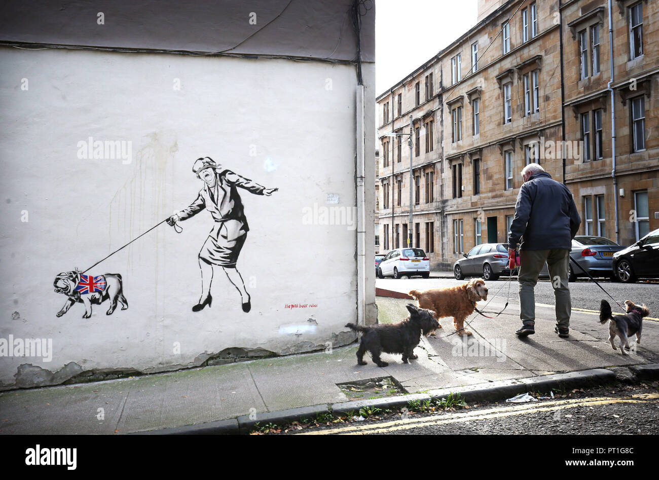 A new artwork depicting Prime Minister Theresa May by street artist The Pink Bear Rebel has recently appeared in the West End of Glasgow. Stock Photo
