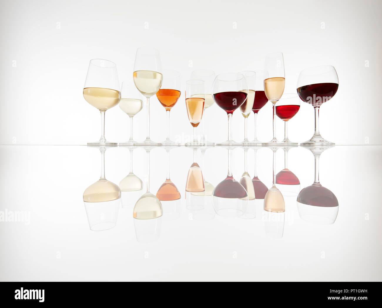 Various glasses with wine, prosecco and champagne Stock Photo